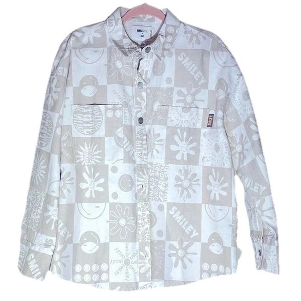 Smiley and H&M Denim White & Cream Denim Jacket Size S Novelty Print NWOT Preppy